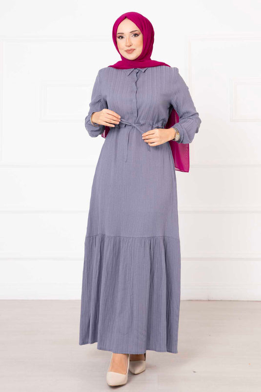 Half Buttoned Waist Pleated Hijab Dress Gray