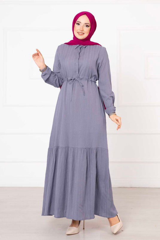 Half Buttoned Waist Pleated Hijab Dress Gray