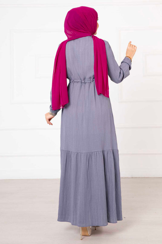 Half Buttoned Waist Pleated Hijab Dress Gray