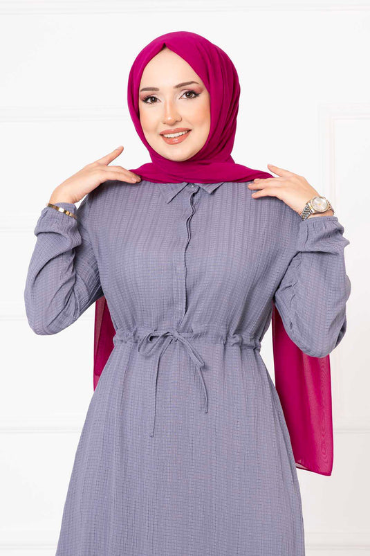 Half Buttoned Waist Pleated Hijab Dress Gray