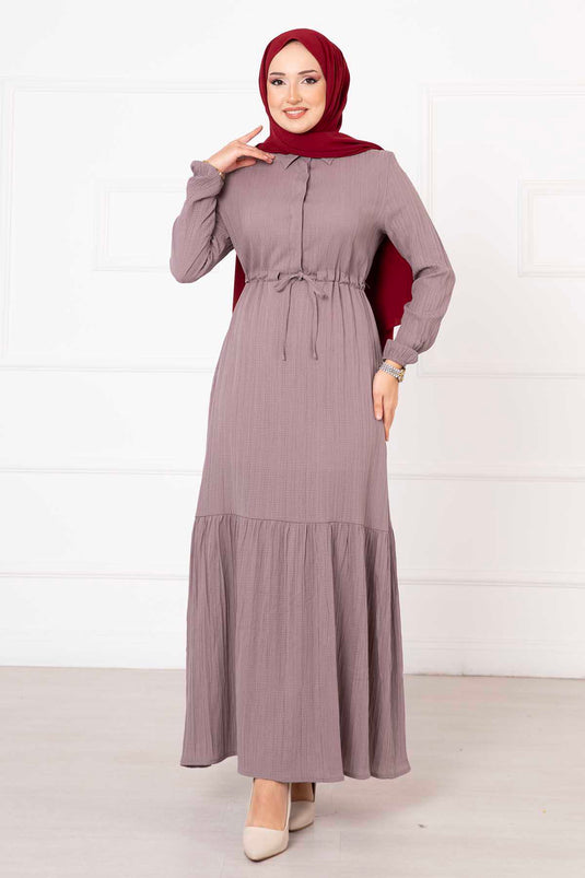 Robe hijab plissée à taille mi-boutonnée en vison foncé