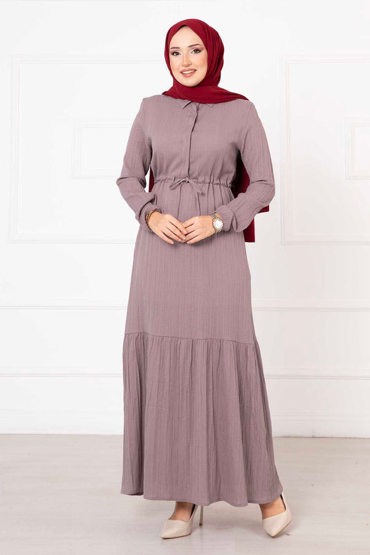 Robe hijab plissée à taille mi-boutonnée en vison foncé