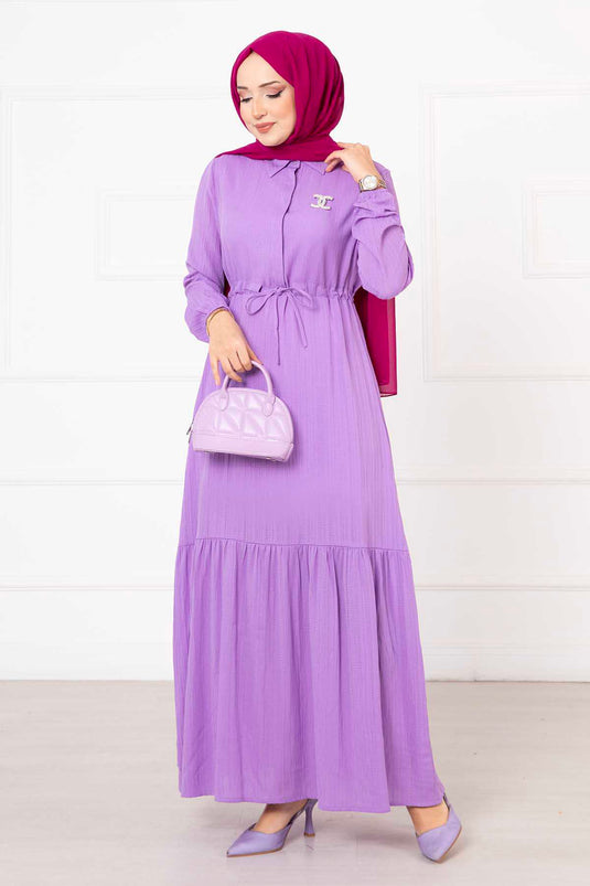 Half Buttoned Waist Pleated Hijab Dress Lilac