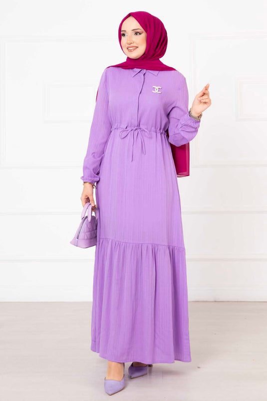 Half Buttoned Waist Pleated Hijab Dress Lilac