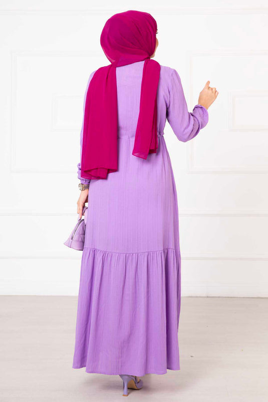 Half Buttoned Waist Pleated Hijab Dress Lilac