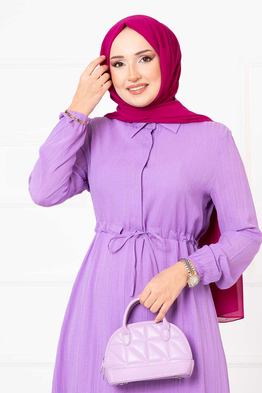 Half Buttoned Waist Pleated Hijab Dress Lilac