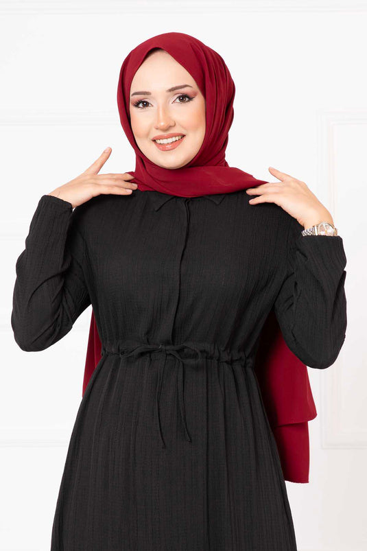 Half Buttoned Waist Pleated Hijab Dress Black