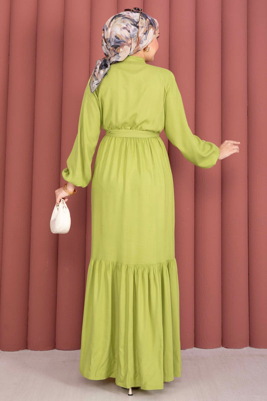 Yarım Düğmeli Beli Kuşaklı Tesettür Elbise Yeşil Olive