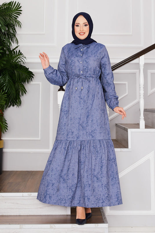 Robe Hijab à demi-bouton avec passepoil bleu marine