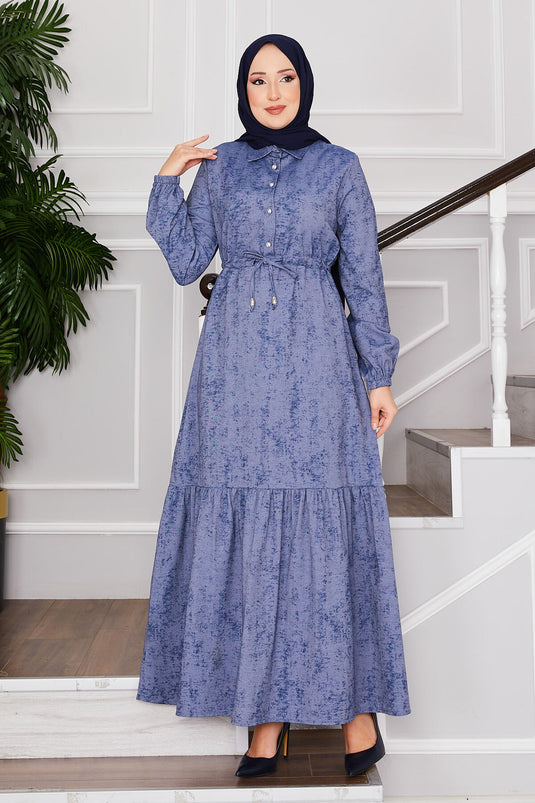 Robe Hijab à demi-bouton avec passepoil bleu marine