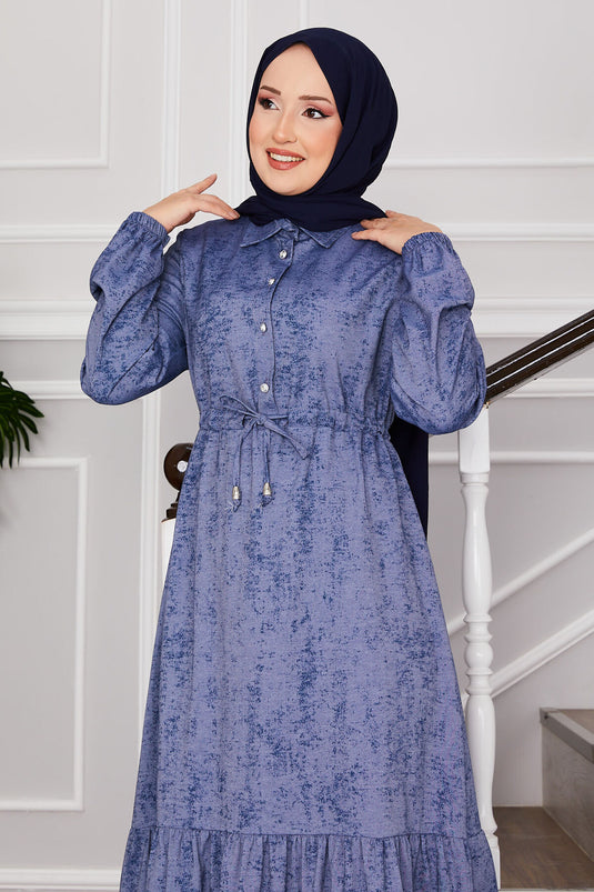 Halbgeknöpftes Hijab-Kleid mit Paspelierung in Marineblau