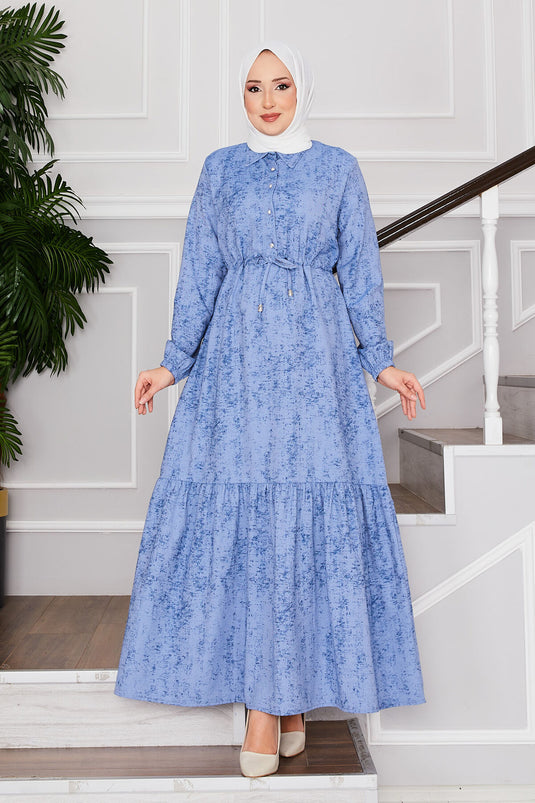 Robe modeste à plastron à demi-bouton bleu