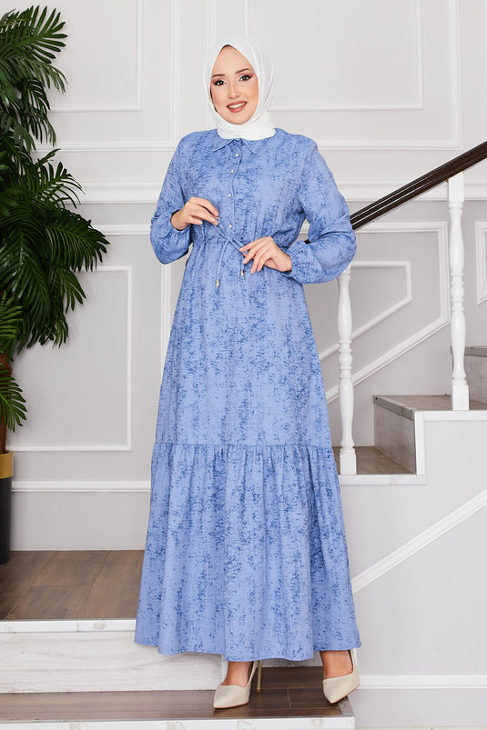 Robe modeste à plastron à demi-bouton bleu