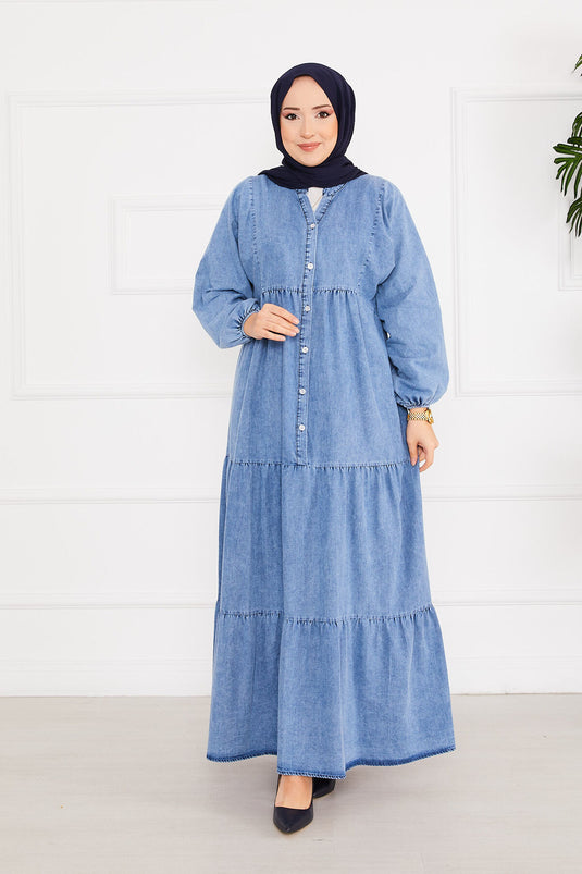 Robe en jean plissée à demi-bouton avec hijab bleu clair