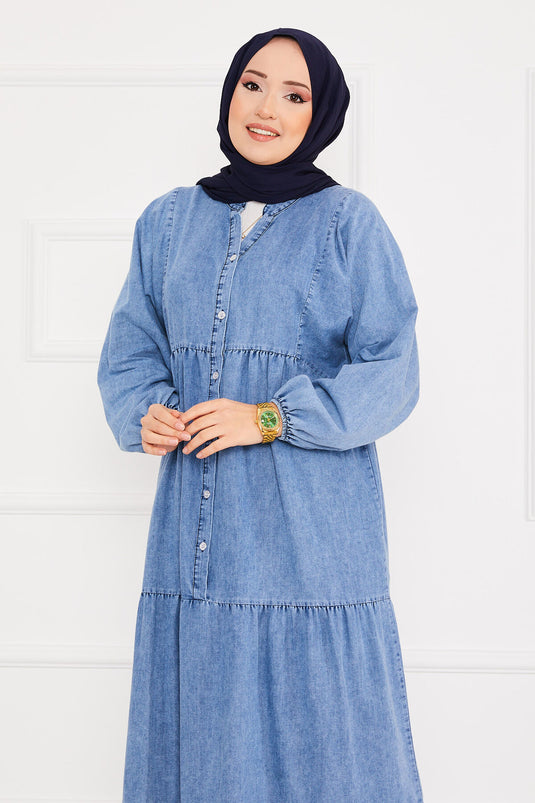 Robe en jean plissée à demi-bouton avec hijab bleu clair