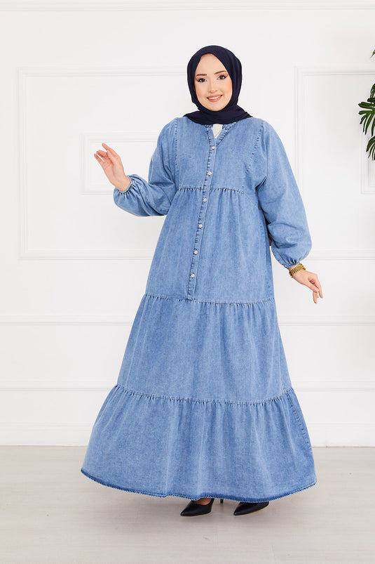 Robe en jean plissée à demi-bouton avec hijab bleu clair