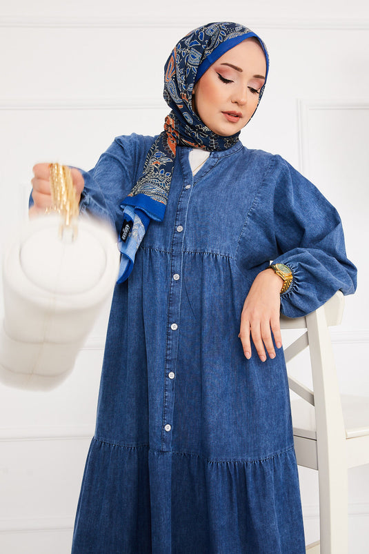 Half Buttoned Pleated Hijab Denim Dress Blue