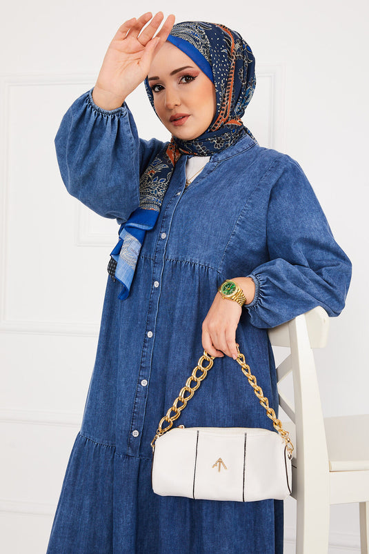 Half Buttoned Pleated Hijab Denim Dress Blue