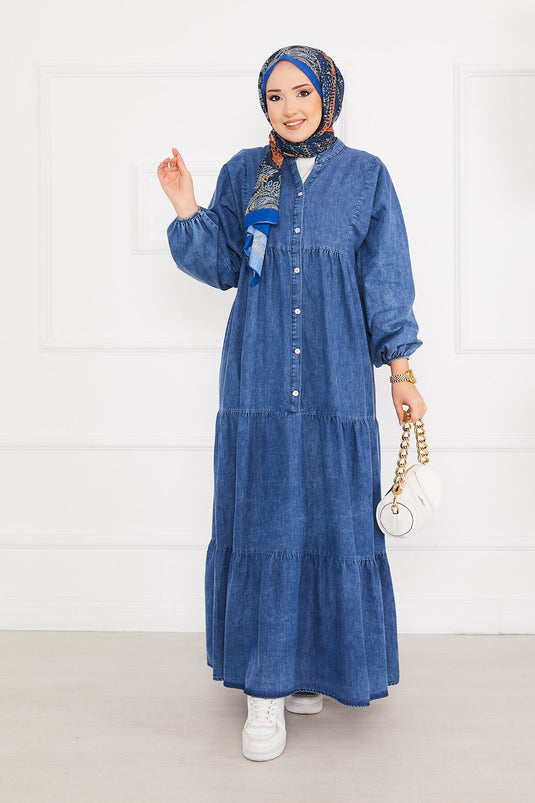 Half Buttoned Pleated Hijab Denim Dress Blue