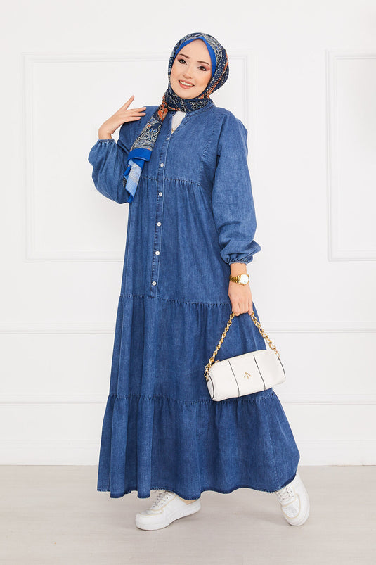 Half Buttoned Pleated Hijab Denim Dress Blue