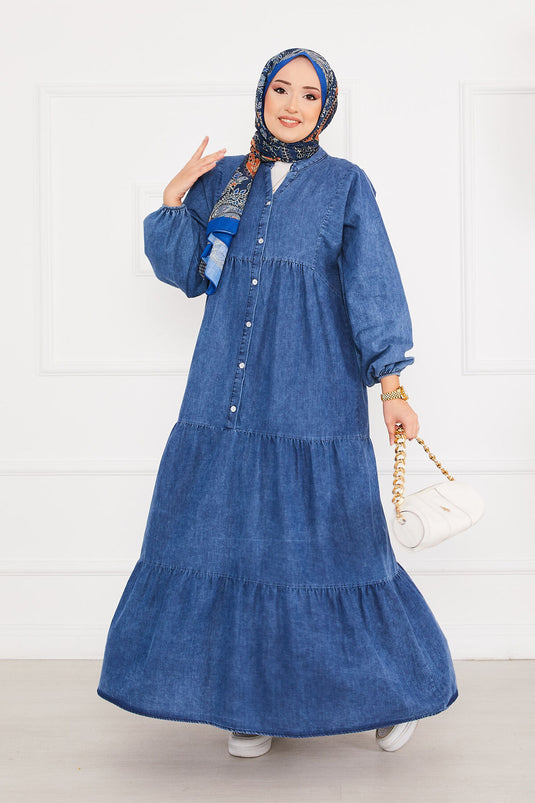 Half Buttoned Pleated Hijab Denim Dress Blue