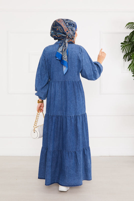 Half Buttoned Pleated Hijab Denim Dress Blue