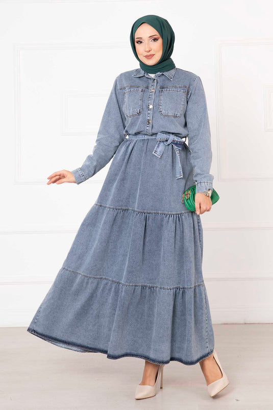 Robe en jean détaillée avec poche à moitié boutonnée Bleu