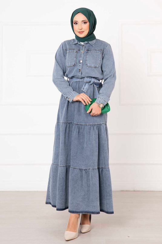 Robe en jean détaillée avec poche à moitié boutonnée Bleu