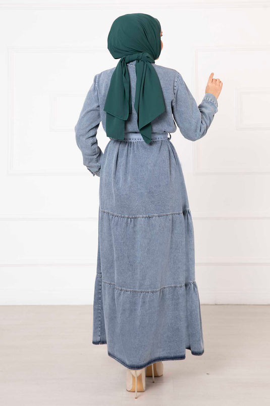 Robe en jean détaillée avec poche à moitié boutonnée Bleu