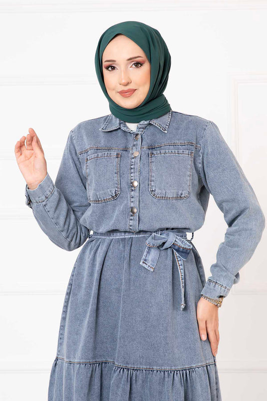 Robe en jean détaillée avec poche à moitié boutonnée Bleu