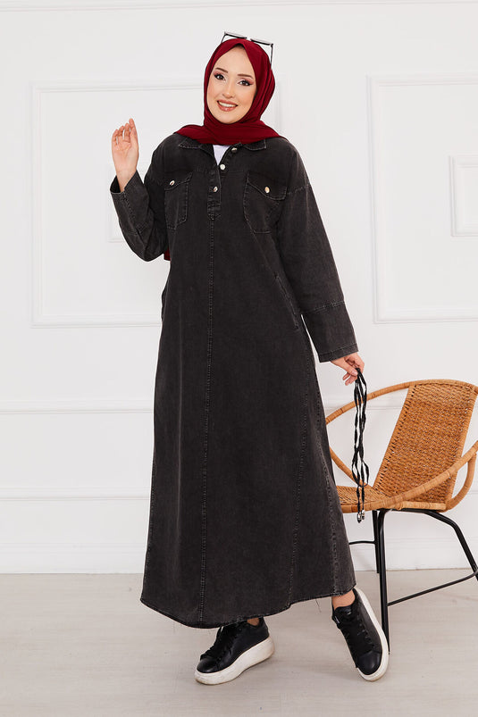 Robe en jean avec poche boutonnée et hijab, noire