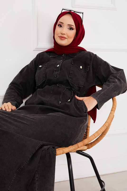 Hijab-Jeanskleid mit halber Knopftasche, Schwarz