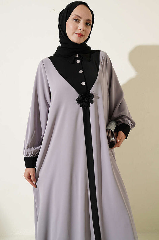 Halbknopf Kleid Mit Blumenmuster In Grau