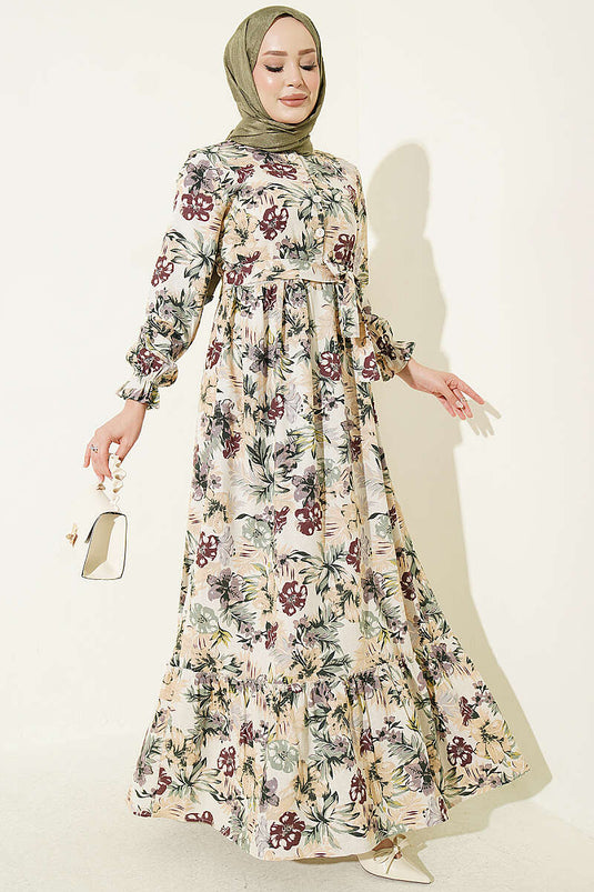 Bordeaux Blumenleinenkleid Mit Halbem Knopf