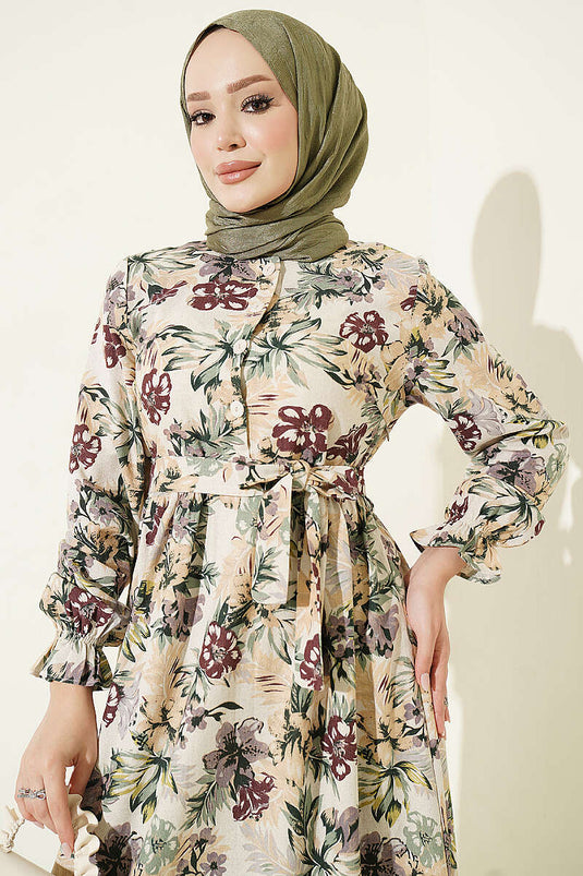Bordeaux Blumenleinenkleid Mit Halbem Knopf