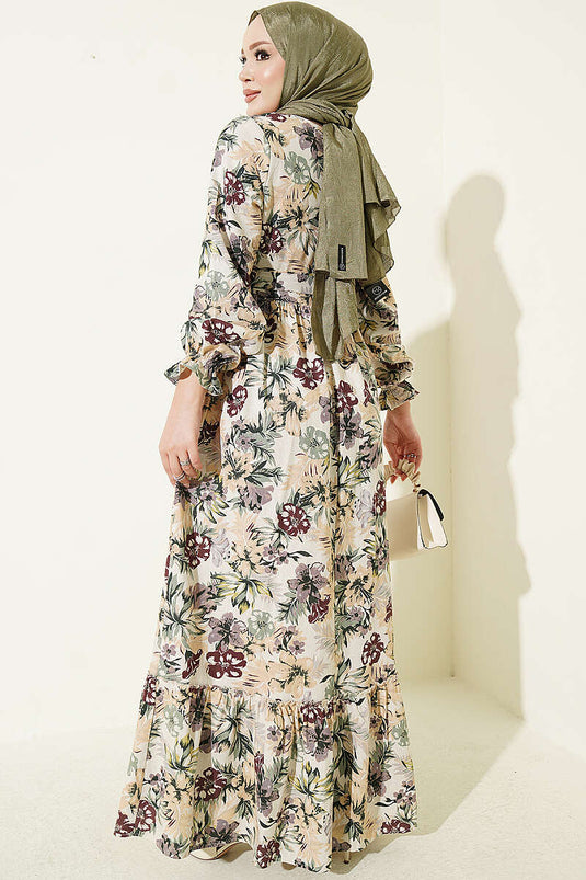 Bordeaux Blumenleinenkleid Mit Halbem Knopf