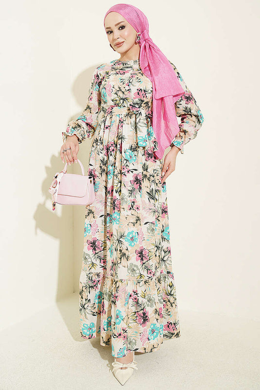 Fuchsia Halbes Knopf Blumen Leinenkleid