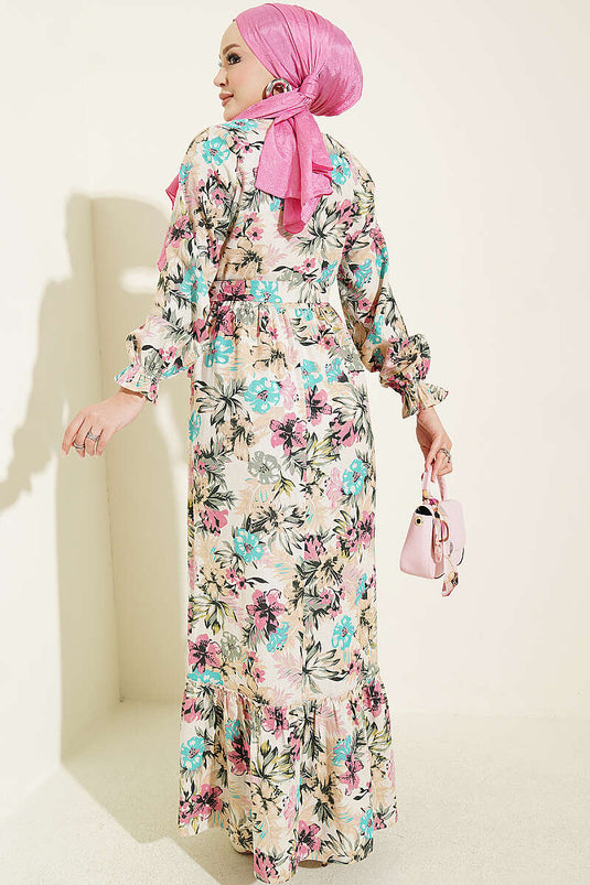 Fuchsia Halbes Knopf Blumen Leinenkleid