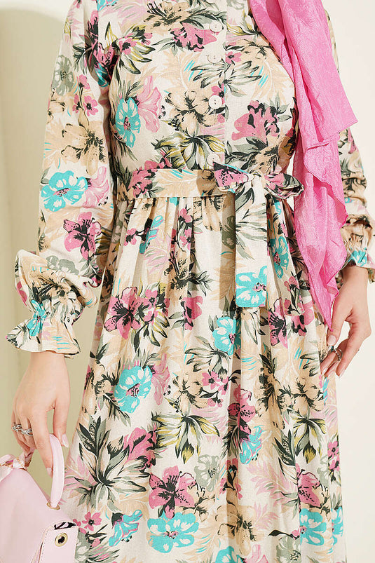 Fuchsia Halbes Knopf Blumen Leinenkleid