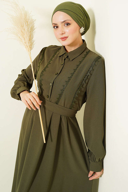 Half-Button Lace Detail Dress Khaki