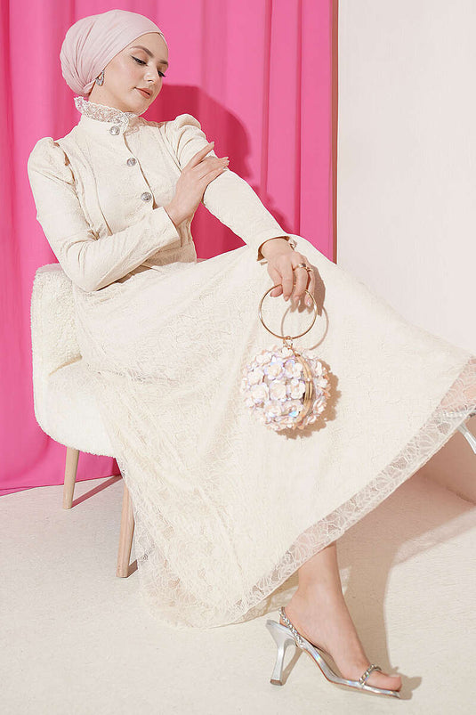 Beige Lace Evening Dress with Half Buttons