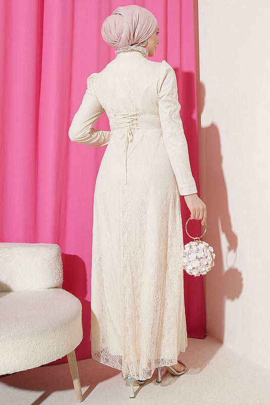 Beige Lace Evening Dress with Half Buttons