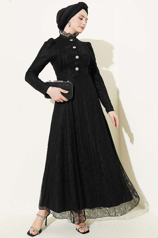 Half-Button Lace Evening Dress Black