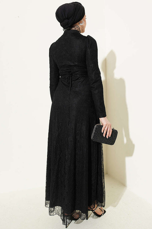 Half-Button Lace Evening Dress Black