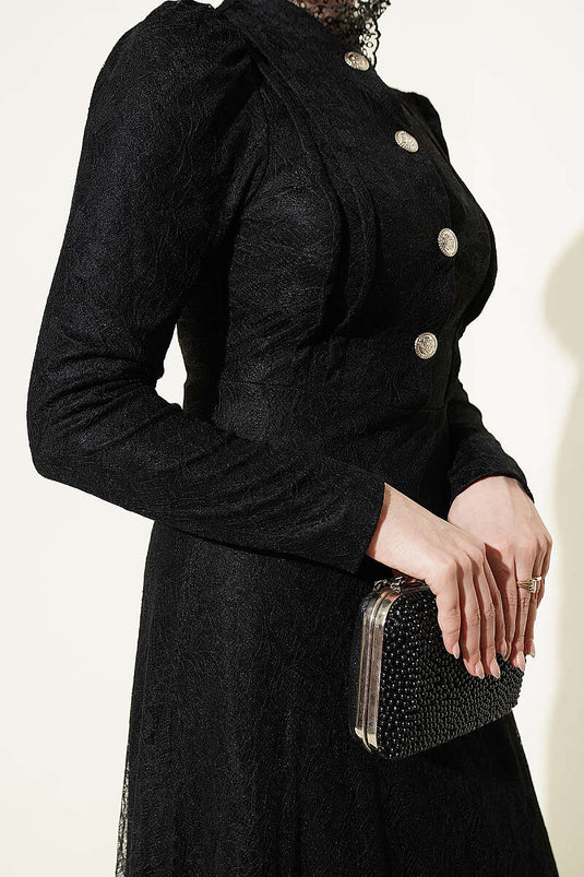 Half-Button Lace Evening Dress Black