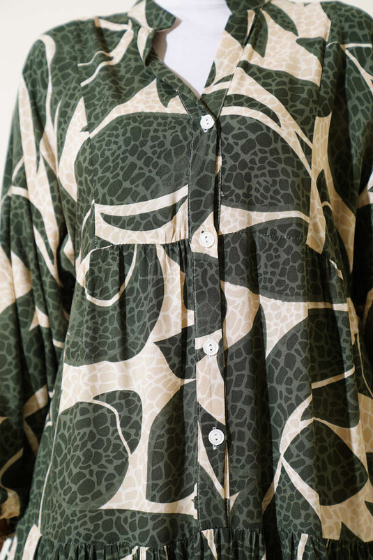 Halbgeknöpftes Kleid mit Musterdetails Khaki