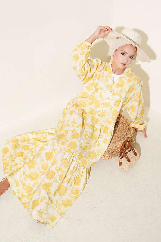 Yarım Düğmeli Ebruli Desen Elbise Sarı