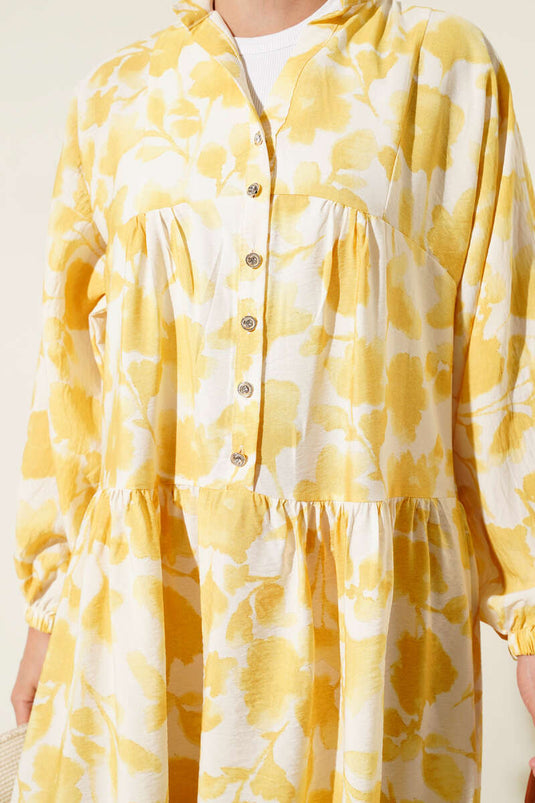 Yarım Düğmeli Ebruli Desen Elbise Sarı