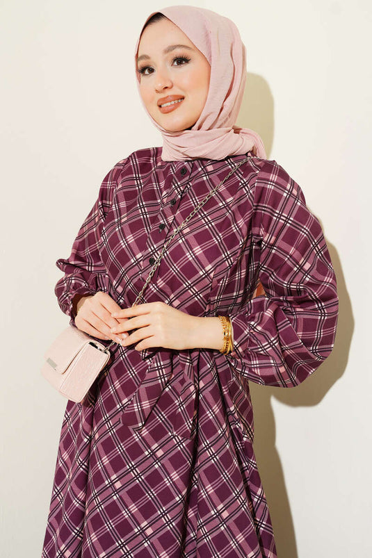 Half-Buttoned Checked Flared Dress in Burgundy