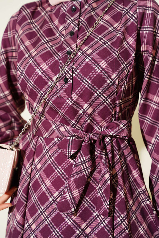 Half-Buttoned Checked Flared Dress in Burgundy